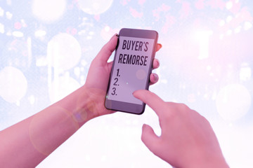 Word writing text Buyer Remorse. Business photo showcasing a feeling of regret experienced after...
