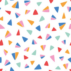 Colorful geometric pattern with flying paper plane like doodle triangles on white background. Surface pattern design.