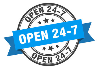 open 24 7 label. open 24 7round band sign. open 24 7 stamp