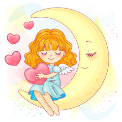 Cute angel girl sitting on the moon
