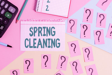 Text sign showing Spring Cleaning. Business photo showcasing thorough cleaning of a house or room during spring Mathematics stuff and writing equipment above pastel colours background