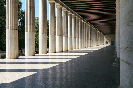 Column arcade of the Ancient Greek Stoa. Ancient Agora Market Place Stoa of Attalos Athens Greece.