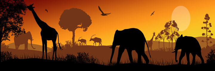 Fototapeta na wymiar African safari animal silhouette landscape scene