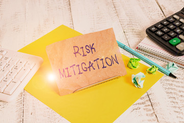 Writing note showing Risk Mitigation. Business concept for strategy to prepare for and lessen the...