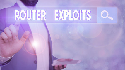 Word writing text Router Exploits. Business photo showcasing takes advantage of a security flaw in...