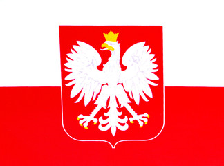 State flag and coat of arms of Poland on a white background. Independence Day of Poland. Elections. Voting. Place for text. Background image. © malaha