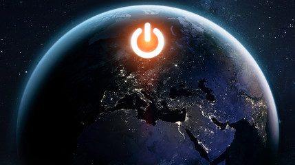 Earth with electrical power button. Earth hour event. Ecology and environment. Elements of this image furnished by NASA