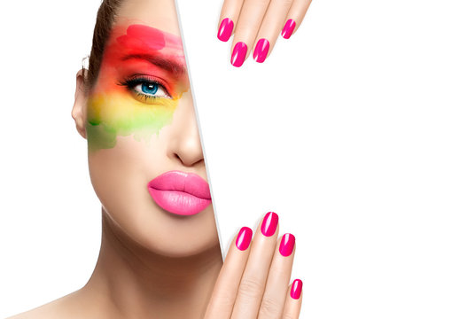 Beauty and Makeup Concept. Pink Nail Art and Colorful Make-up.
