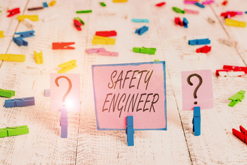 Text sign showing Safety Engineer. Business photo text demonstrating who inspects all possible...