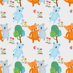 Obraz premium koala bear and fox seamless pattern fabric textile wallpaper.