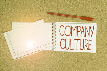 Conceptual hand writing showing Company Culture. Concept meaning pervasive values and attitudes...