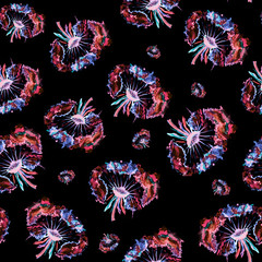 Floral seamless pattern with hand drawn watercolor dandelions  on the black background