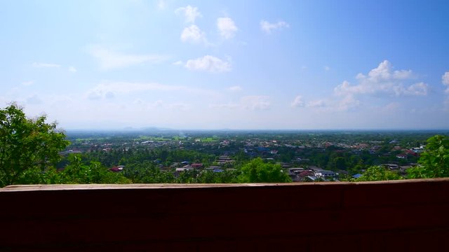 Aerial view of Ban Tham subdistrict from Wat Phrathat Chom Sin viewpoint, Phayao province.