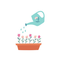 Lovely flowers with a watering can. Cartoon vector illustration isolated on white background.