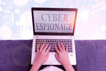 Writing note showing Cyber Espionage. Business concept for obtaining secrets and information...