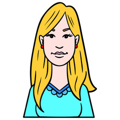 comic drawing of a beautiful hippie woman with long blonde hair and a blue dress. avatar, blue, vector, illustration.