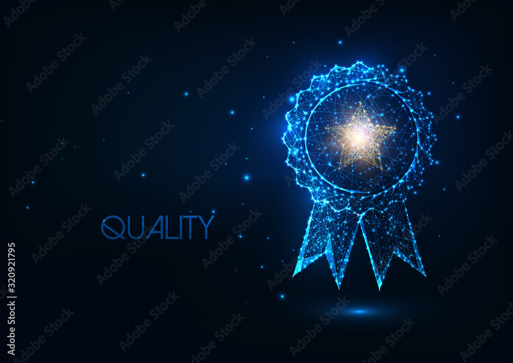 Wall mural Futuristic best quality award badge concept with glowing low polygonal winner medal and golden star