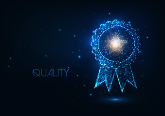 Futuristic best quality award badge concept with glowing low polygonal winner medal and golden star