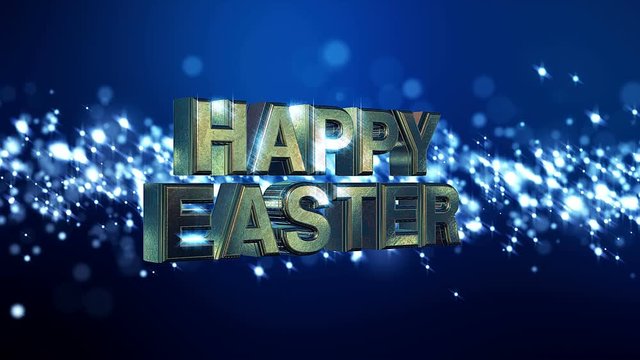 Video animation of a bokeh background in blue with the message Happy Easter in gold