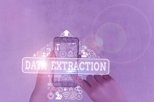 Writing note showing Data Extraction. Business concept for act or process of retrieving data out of data sources