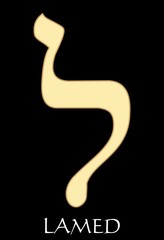 Hebrew letter lamed, twelfth letter of hebrew alphabet, meaning is spur, gold design on black background, vector alefbet