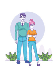 woman and man wearing glasses, colorful design
