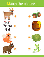 Matching game, education game for children. Puzzle for kids. Match the right object. Cartoon Animals and their Favorite Food. Goat, panda, squirrel, bear.