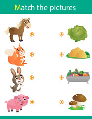 Matching game, education game for children. Puzzle for kids. Match the right object. Cartoon Animals and their Favorite Food. Horse, squirrel, hare, pig.