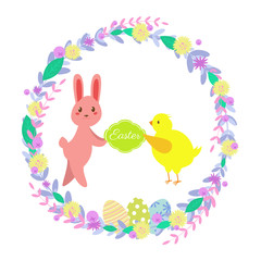 Vector illustration.Easter greeting card. Cute flat illustration with rabbit, chicken, easter eggs, flower wreath, berries, leaves. Isolated on white background. Can be used for animations, postcards