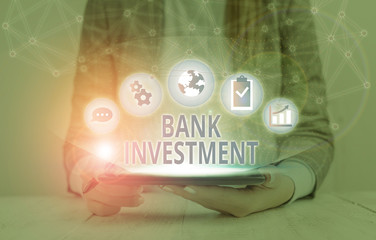 Text sign showing Bank Investment. Business photo text financial intermediary that performs a...