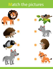 Matching game, education game for children. Puzzle for kids. Match the right object. Cartoon animals with their young. Lion, bird, hedgehog, wolf.