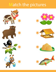 Obraz premium Matching game, education game for children. Puzzle for kids. Match the right object. Cartoon Animals and their Favorite Food. Cow, bear, bird, bee.