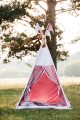 baby pink house wigwam in the park on summer. Summer, happy childhood concept. © Andriy Medvediuk