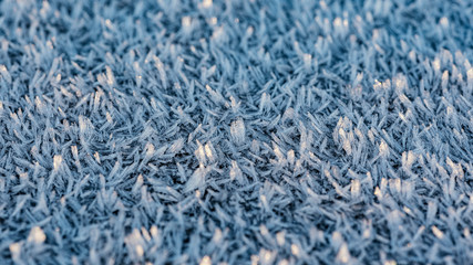 Frost in macro close-up during early winter morning.