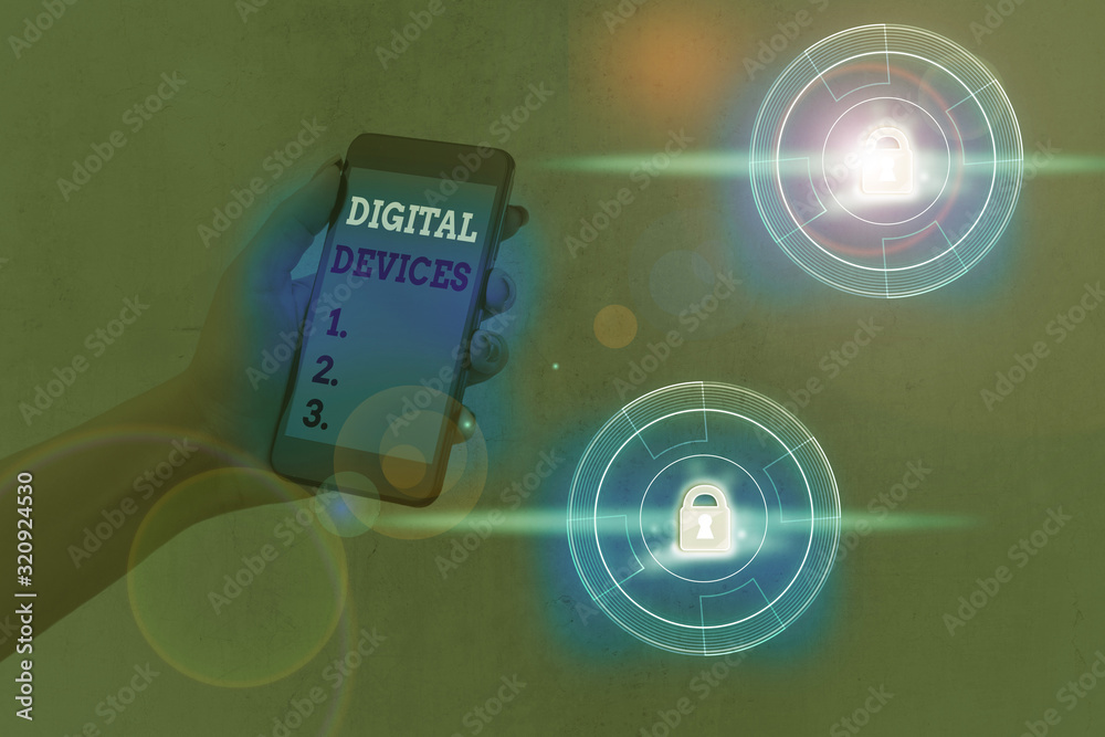 Poster writing note showing digital devices. business concept for physical unit of equipment that contains 
