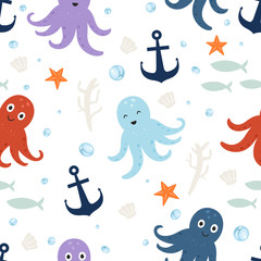 Vector seamless pattern Cute octopus
