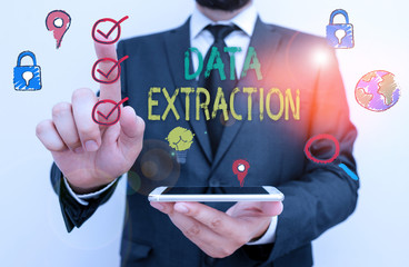 Text sign showing Data Extraction. Business photo text act or process of retrieving data out of...