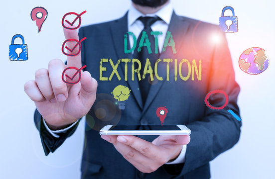 Text sign showing Data Extraction. Business photo text act or process of retrieving data out of data sources