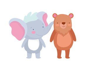 Fototapeta na wymiar little elephant and bear cartoon character on white background