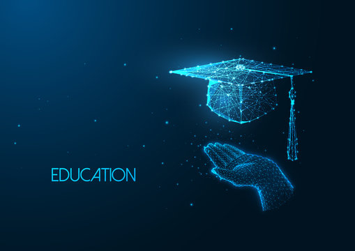 Futuristic Education Concept With Glowing Low Polygonal Human Hand Holding Graduation Cap