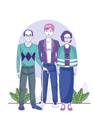 old woman, old man and man standing, colorful design