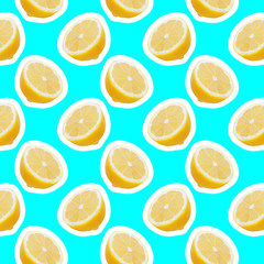 seamless food pattern with fresh slice lemon on light cyan background