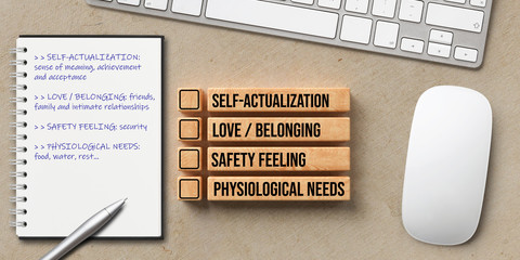 checklist for the hierarchy of needs on wooden blocks at a workplace