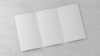 Photo blank open triple folded brochure on a white wooden table with empty space for your content 3d render illustration