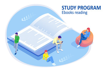 Isometric concept for Digital Reading, E-classroom Textbook, Modern Education, E-learning, Online Training and Course, Audio Tutorial, Distance Education, Ebook and Students