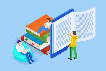 Isometric concept for Digital Reading, E-classroom Textbook, Modern Education, E-learning, Online Training and Course, Audio Tutorial, Distance Education, Ebook and Students