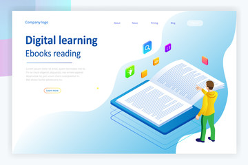 Isometric concept for Digital Reading, E-classroom Textbook, Modern Education, E-learning, Online Training and Course, Audio Tutorial, Distance Education, Ebook and Students