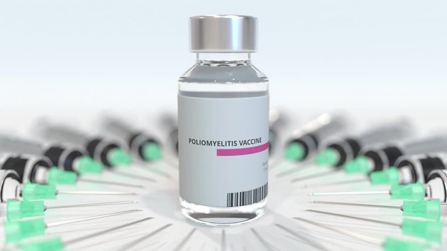 Glass vial with poliomyelitis vaccine and syringes. Conceptual medical 3D animation