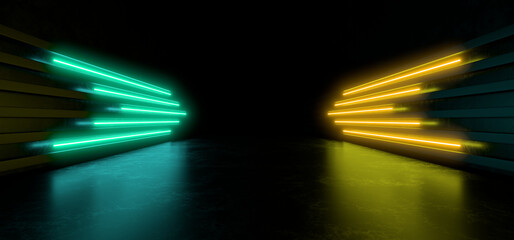 Beautiful composition of colored neon lights on a black background. 3d rendering image.