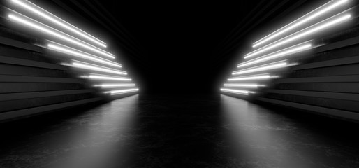 Beautiful composition of white neon lights on a black background. 3d rendering image.